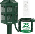 Outdoor Power Stake Timer, Remote Control Dusk to Dawn Light Timer, 25FT Extension Cord Waterproof, 6 Grounded Outlets for Graden and Yard Decorations, ETL Listed