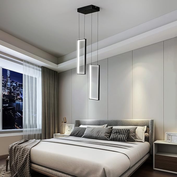 Modern Kitchen Pendant Light Fixture Black 18W LED Pendant Light 2 Rings Rectangle Chandelier Pendant Lighting for Kitchen Island Living Room Dining Room Bedroom