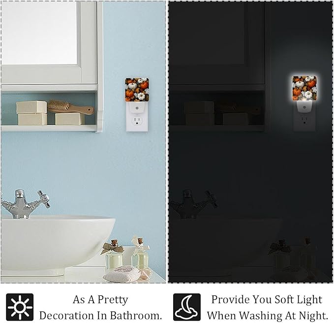 2 Pack Thanksgiving Orange and White Pumpkins a LED Night Light with Dusk-to-Dawn Sensor for Bedroom, Bathroom, Kitchen, Hallway, Stairs, Smart Night Lights Plug into Wall Auto on Off for Kids, Adults