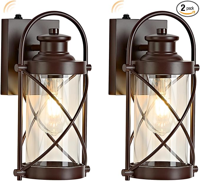 Dusk to Dawn Outdoor Wall Lights Fixtures, Waterproof Exterior Lighting Fixtures with Photocell Sensor,Vintage Coffee-Bronze Metal Cage Lantern Outside Lights for Porch Patio House Garage（2 Pack）