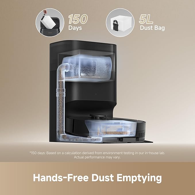 DREAME D20 Plus Robot Vacuum and Mop, 13,000Pa Suction, Self-Emptying with 5L Dust Bag, DuoBrush for Pet Hair, LDS Mapping, App & Voice Control, Ideal for Hard Floors & Carpets (Black)