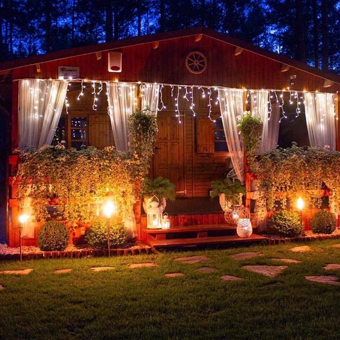 LED Icicle Lights, 300 LEDs, 33ft, 8 Modes, Curtain Fairy Light with 60 Drops, Clear Wire LED String for Christmas/Thanksgiving/Easter/Halloween/Party Backdrops Decorations (Cool White)