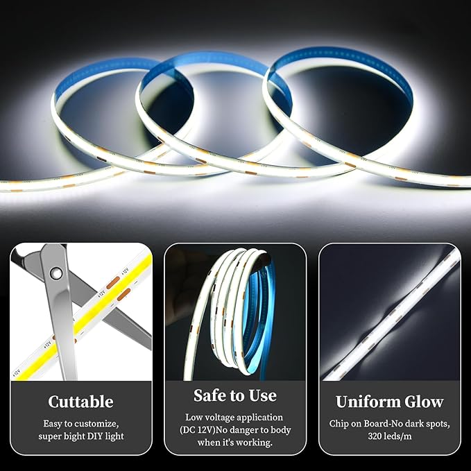 iNextStation 32.8ft/10M White COB LED Strip Light, CRI 93+ 3200 LEDs Light Strip, 6000K Color Temperature COB LED Lights, 8mm Width LED Tape Lights, Dimmable COB Strip Light for TV Backlight(No Plug)