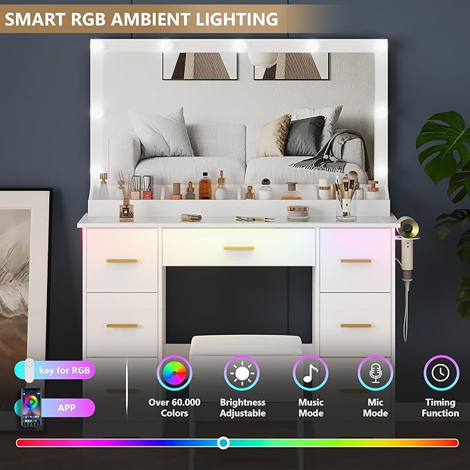 44" Vanity Desk with 38" Large Mirror and 9 LED Lights & Glass Top and Power Outlet, Makeup Vanity Set with 7 Drawers & Chair and RGB Ambient Light, Dressing Table for Bedroom, Modern White