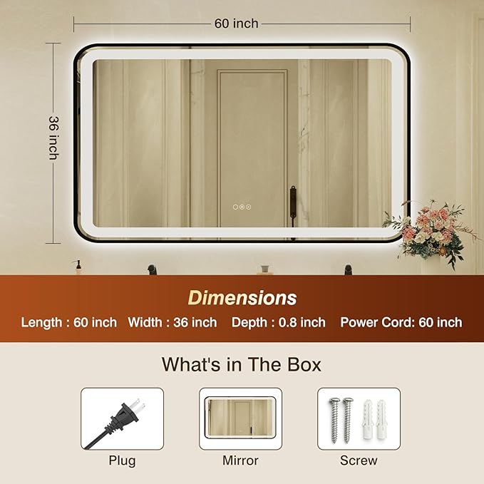36x60 Inch LED Bathroom Mirror with Black Frame,Front and Backlit Vanity Mirror, Stepless Dimmable Wall Mirrors with Anti-Fog, 3 Colors, Memory, Waterproof, LED Smart Bathroom Mirror