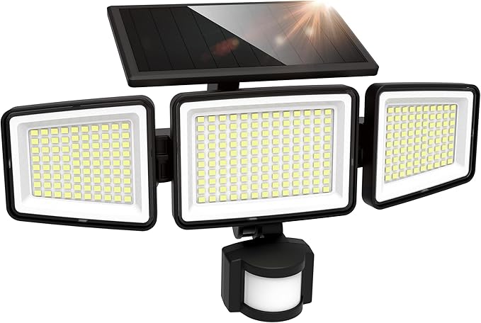 UME Solar Outdoor Lights 302 LED 3000LM, IP65 Waterproof Motion Sensor Outdoor Lights, 3 Heads Solar Security Flood Lights 270 Wide Lighting Angle with 3 Modes for Garden Patio Yard