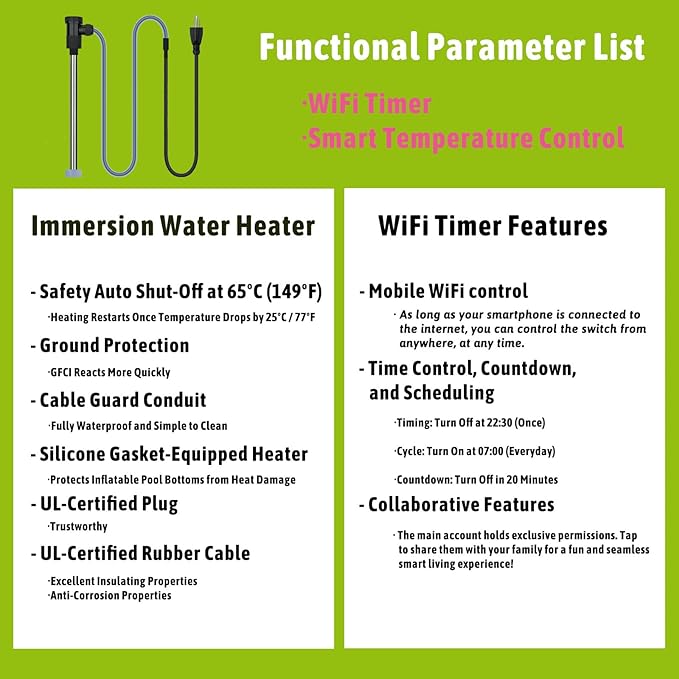 1800W Submersible Immersion Water Heater for Pool & Hot Tub – Portable Electric Heater with Wifi Timer and Auto Shut Off for Bathtub, Inflatable Pool, Above Ground Pool& baptismal pool