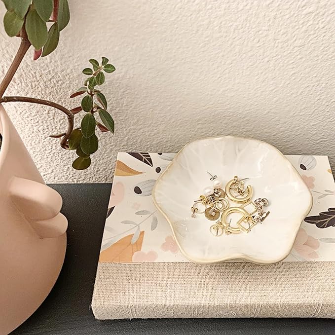 2Pcs Ceramic Jewelry Dish, Lotus Leaf Shape Ring Holder Necklace Dish, Small Key Ring Dish, Suitable for Mother Friend Sister, Gifts for Women, Home Decor Trinket Tray (White)