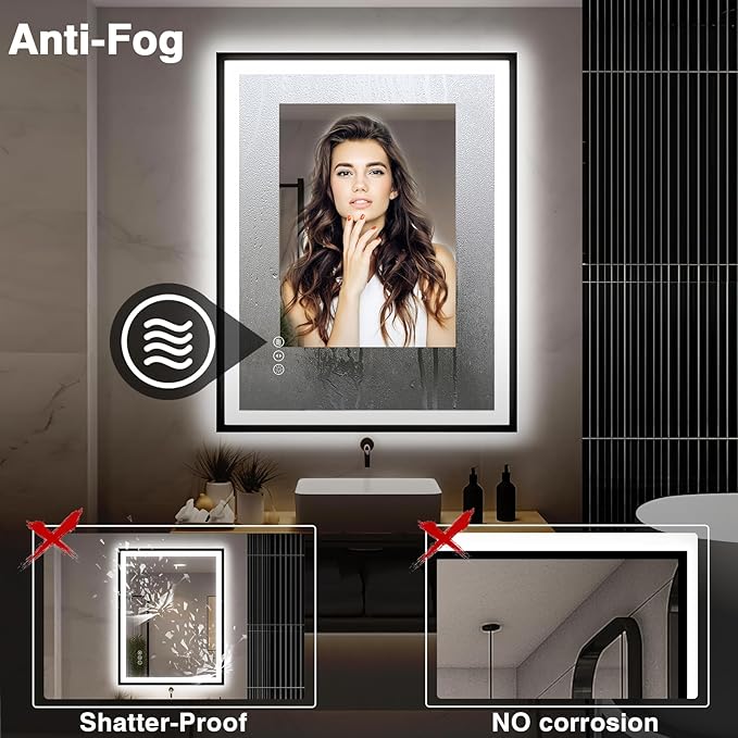 30x36 LED Bathroom Mirror with Lights - Black Framed, Front and Backlit Mirror, Anti-Fog Vanity Mirror with Lights,Stepless Dimmable LED Mirror, 3 Colors Smart(Horizontal/Vertical)