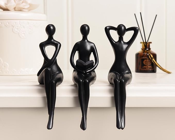Quoowiit Black Thinker Statue Book Shelf Decor, Minimalist Modern Home Decor Collectable Figurines Office Desk Unique Coffee Table Decorations for Living Room 3 Piece