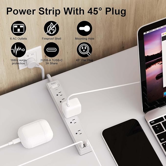 6Ft Power Strip Surge Protector - Yintar Extension Cord with 6 AC Outlets and 3 USB Ports for Home, Office, Dorm Essentials, 1680 Joules, ETL Listed, Grey