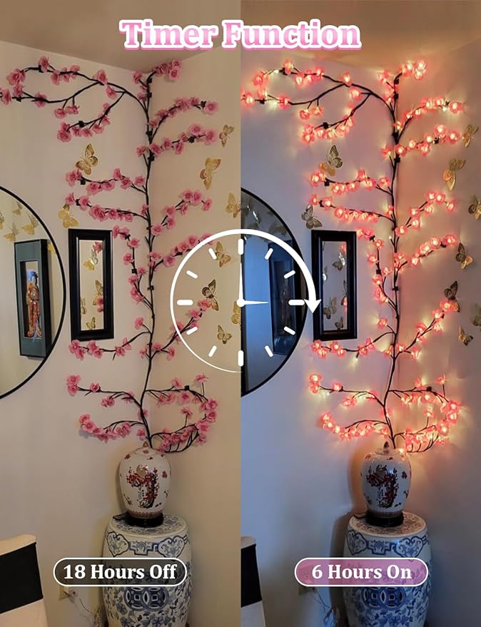 5.25 FT 72 LED Cherry Blossom Tree Branch Lights for Wall,8 Modes Artificial Pink Cherry Blossom Garland with Remote and Timer,Willow Vine Lights for Bedroom,Sakura Wall Decor