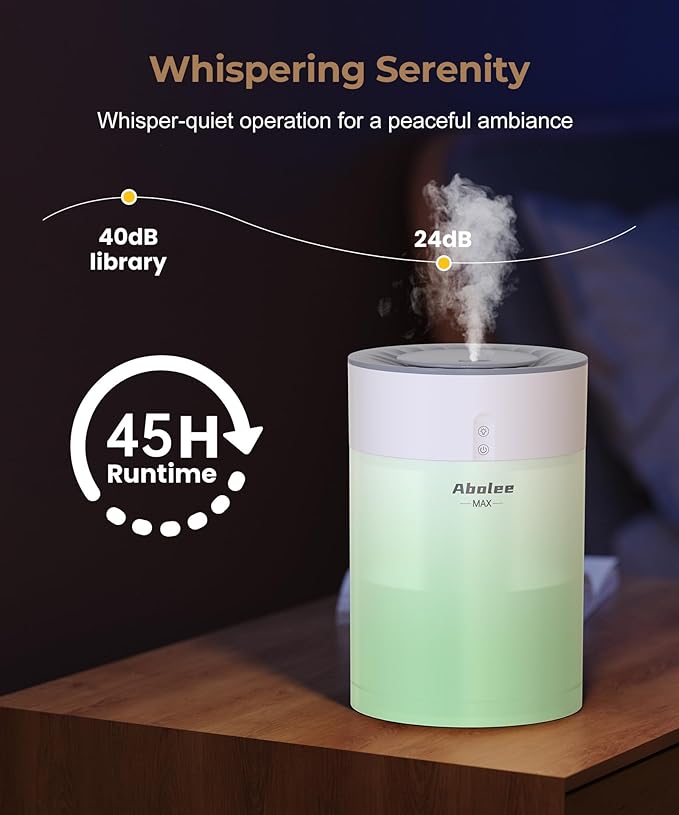 Abolee Humidifiers for Bedroom 4.5L Cool Mist with Essential Oil Diffuser, Humidifier Large Room, 24dB Quiet Air Humificador fit Baby Nursery & Plants, 360° Adjustable, Easy Fill & Cleaning (White)