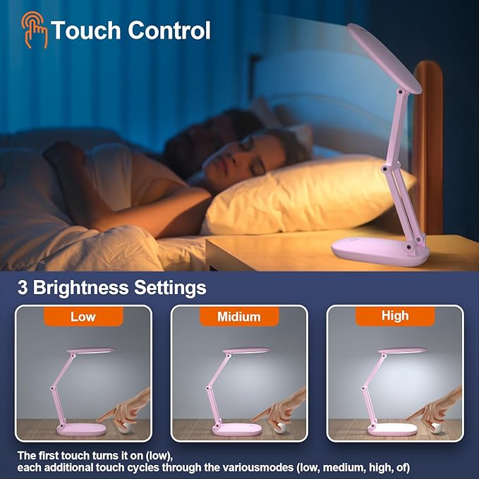 Akejrym LED Desk Lamp for Office Home & Battery Operated Lamp Rechargeable Lamp Foldable & Portable Light, [2-Fold Bracket] 3 Brightness Dimmable Small Desk Lamp Wireless Reading Lamp (Pink)