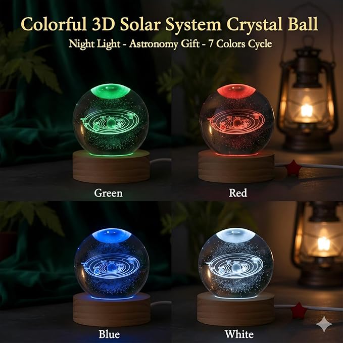 60mm 3D Crystal Ball Night Light, Galaxy Glass Sphere Lamp with 7 Color LED on Wooden Base, Crystal Globe Orb Light for Bedroom Decor, Celestial Space Birthday Gift for Teens Boys Girls (Moon)