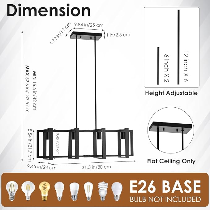 Dining Room Light Fixture, 4-Light Kitchen Island Lighting, Height Adjustable Island Lights For Kitchen, Black Linear Chandeliers For Dining Room, Metal Farmhouse Chandelier for Living Room(No Bulb)