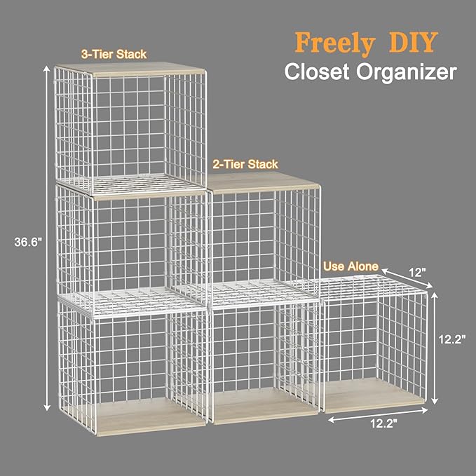 3PCS Stackable Closet Organizers and Storage, Closet Shelves with Wood Top Extra Storage, Clothes Storage Organizer Basket Bin/Cube for Home Wardrobe Organization(White-Sturdy Metal) Patent Pending