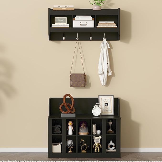 Hall Tree Entryway Coat Rack Shoe Storage Bench with Shelves and 4 Hooks, Modern Elegant Hall Tree with Wall Mounted Coat Rack, Entryway Organizer for Entryways, Mudroom (Black)