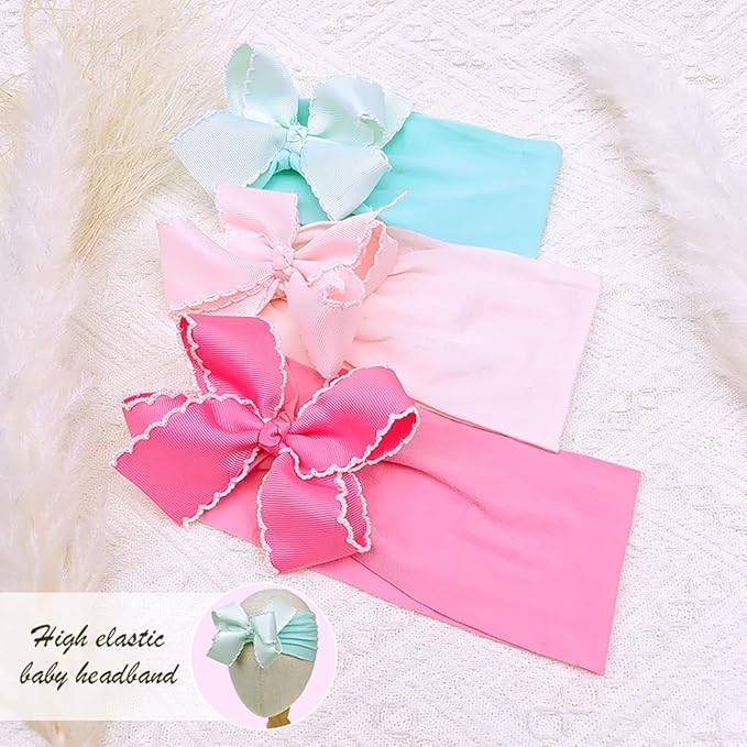 Baby Girl Soft Nylon Bow Elastic Headband Turban Toddler Infant Bow-knot Stretchy Hair Band Birthday Party Hair Bow Ribbon Accessories for Newborn Baby (Bow 1 - Pink, Elastic)
