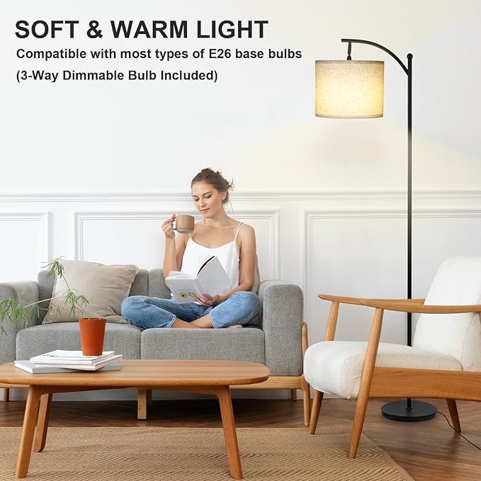Modern Floor Lamp, 3-Ways Dimmable Standing Lamp with Linen Shade, Adjustable Height, Foot-Step Switch, Reading Lamp for Living Room, Bedroom, Office, 9W Bulb Included (Black)