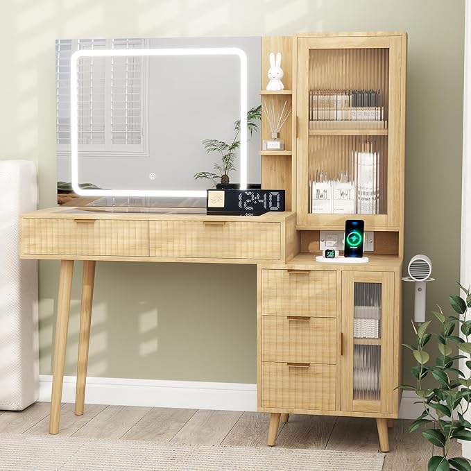 49" Wood Vanity Desk with Mirror and Lights, Boho Fluted Makeup Vanity Table with Modern Glass Top, Charging Station, 5 Drawers, 2 Cabinet with Adjustable Shelves, Salon Station, Natural Oak
