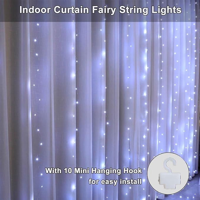 Curtain String Lights, 300 LED Fairy Lights with 8 Light Modes, 9.8x9.8Ft Remote Controlled Plug-in Fairy String Lights for Christmas, Bedroom, Indoor, Outdoor, Weddings, Party Decor (White)