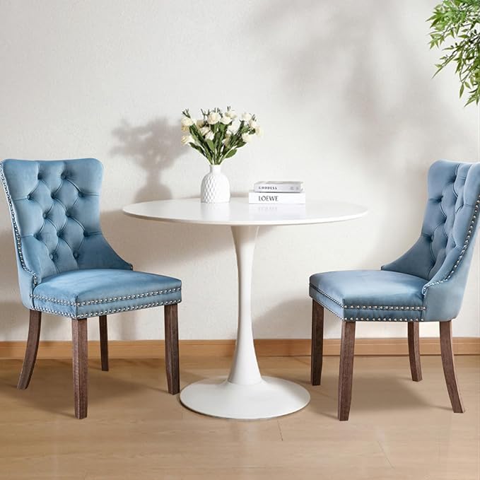 SoarFlash Kitchen Table and Chairs for 2, 31.5" Dining Table Set for 2 with Velvet Upholstered Chairs, 3 Piece Round Kitchen Table Set, Dining Room Table Set for Small Space, Apartment, Sky-Blue/White