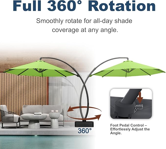 11FT Cantilever Umbrella with Base Large Curvy Outdoor Aluminum Offset Umbrella w/ 360° Rotation, UV Resistant Canopy for Patio, Garden, Backyard, Apple Green
