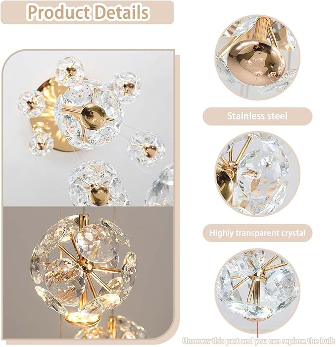 ykolupty Pendant Lights Kitchen Island 3-Light Gold Crystal Island Lights Dining Foyer Entrance Modern Chandeliers LED Dimmable 2700-6000K