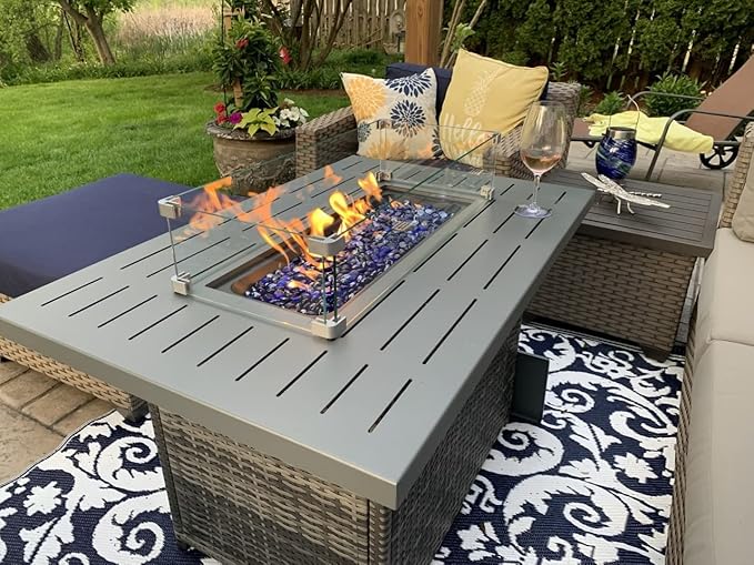 Propane Fire Pit Table,44 Inch 55000 BTU Outdoor Gas Fire Pit Rectangular with Glass Wind Guard for Outside Patio Deck (Gray-Aluminum Top)