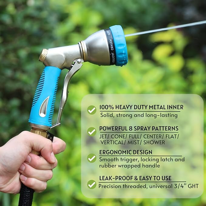 HOSUN Garden Hose Nozzle Sprayer Heavy Duty, 100% Metal Water Hose Nozzle with 8 Spray Patterns, High Pressure Hose Spray Nozzle with Non-Slip Grip for Watering Plant & Lawn, Washing Car & Pet, Blue