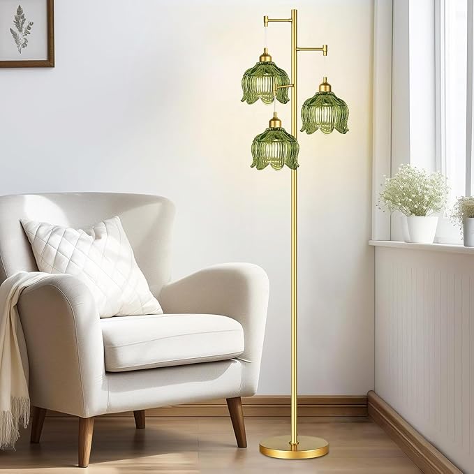 Gold Floor Lamp for Living Room,Bedroom,Mid Century Modern Standing Lamp Brass Tree 3 Light Tall Floor Lamps Vintage Retro Floor Lights Glass Green Flower Lamp Shade Farmhouse Boho Bohemian