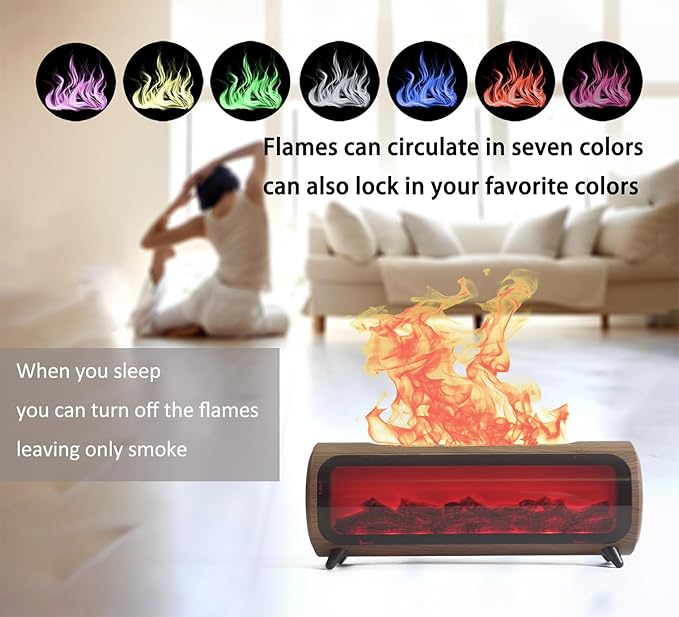 Flame Fireplace Aroma Diffuser-Aromatherapy Essential Oil Diffusion-7 Flame Colors-Noiseless Clean air-Wood Shape-nimi Tabletop Fireplace humidifier for Home Bedroom Office （Wooden Grain）