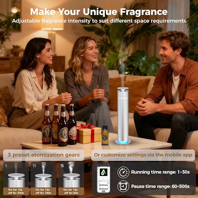 Waterless Scent Diffuser, Essential Oil Diffuser Machine - Cold Air Diffusion Tech for 1500 Sq Ft Large Room, Home, Office, Hotel & Spa, Starter Kit Includes 1 Scent Oil & Remote Control & APP