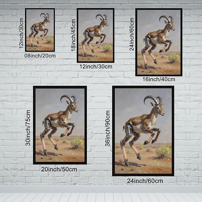 Framed Steampunk Mechanical Antelope Wall Art - Desert Futuristic Poster for Loft Living Room Decor 24x36in