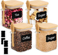 ComSaf 0.8 Qt Glass Jars with Bamboo Lids & Spoons Set of 4, Square Glass Containers with Lids, Sugar Coffee Containers Salt Spice Jars, Pantry Storage Container for Loose Tea, Candy, Brown Sugar, Nut