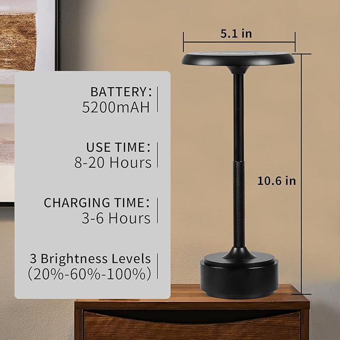 HAPYGI 5200mAh Rechargeable Cordless LED Table Lamps Touch Sensor Light, 3-Levels Portable Dimming Wireless Battery Operated Lamp,Night Light/Restaurant Table/Outdoor/Coffee/Bar (Black)