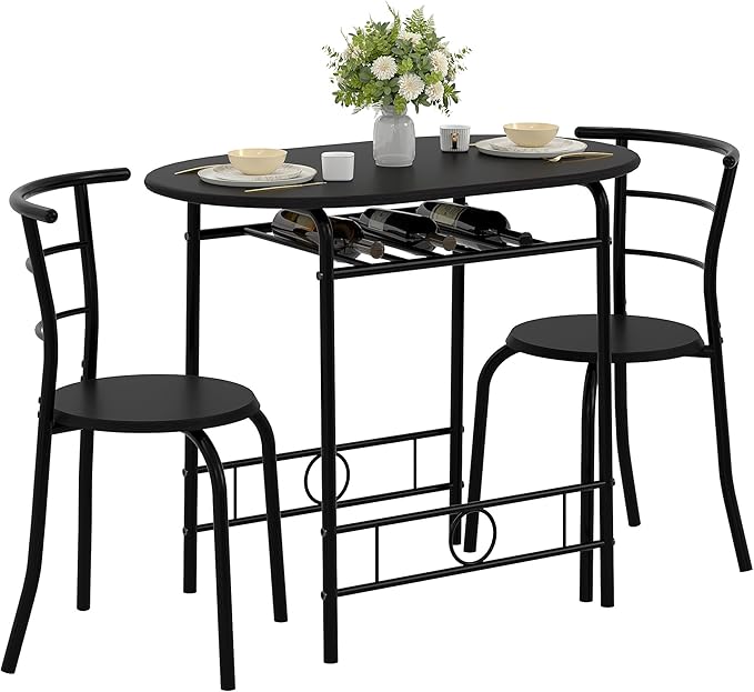VECELO 3-Piece Dining Table Set for Kitchen Breakfast Nook, Wood Grain Oval Tabletop and Metal Frame with Built-in Wine Rack, for Small Spaces, Black