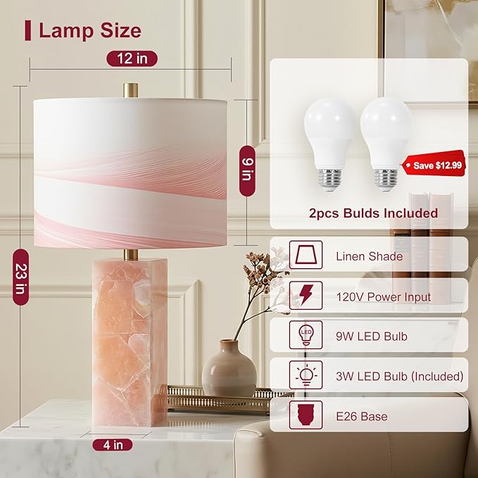 Scenekoy 23" Alabaster Table Lamp Set of 2 with Night Light for Bedroom Living Room, Rotary Switch, Pink Modern Table Lamp with Linen Shade, Nightstand Lamps for Room Bedside Office (Bulb Included)