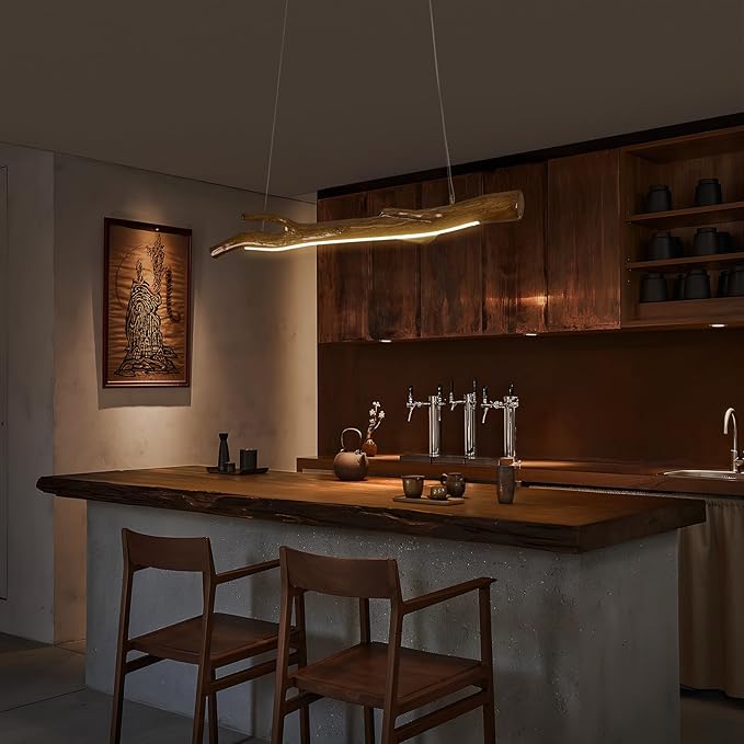 47.3in Wood Linear Pendant with Light,Modern Dimmable Hanging Light Adjustable Kitchen Island Linear Chandelier for Dining Room Bar Pool Table Light Walnut Color