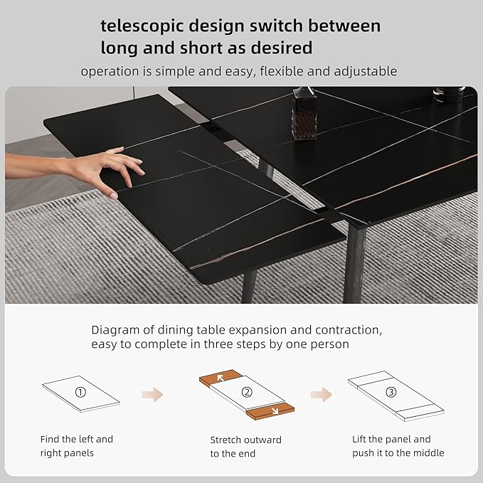 Extendable Dining Table (62.9" to 94.4") for 6 to 10 - Modern Rectangular Sintered Stone Table with High Hardness and Easy Maintenance - Stylish Black