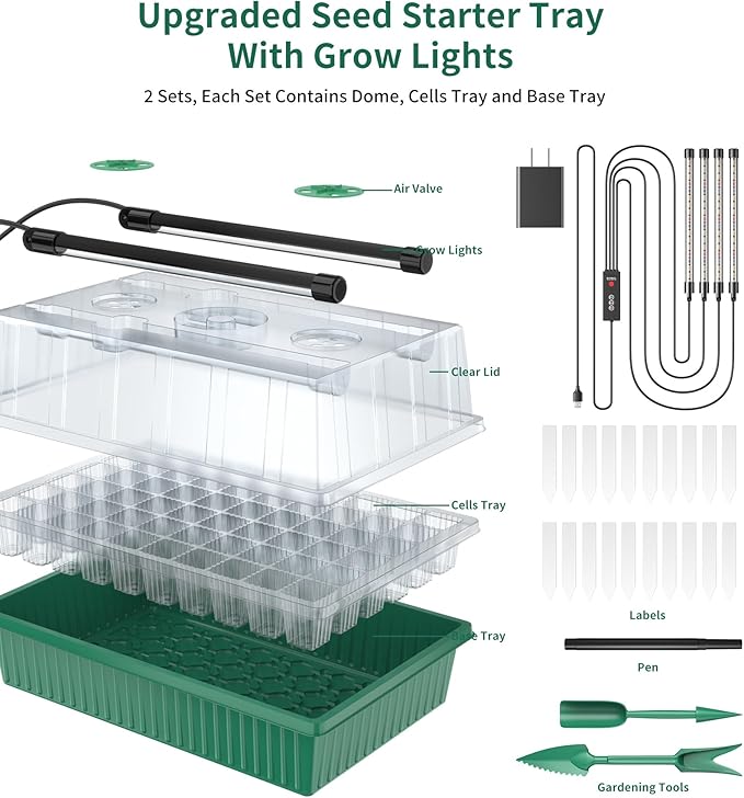 Seed Starter Tray, 120-Cells Seed Starter Kit with Grow Light, 2 Pack Reusable Seeding Starter Trays with Air Vent Humidity Domes for Greenhouse Gardening Indoor Planting Growing (Green Base)