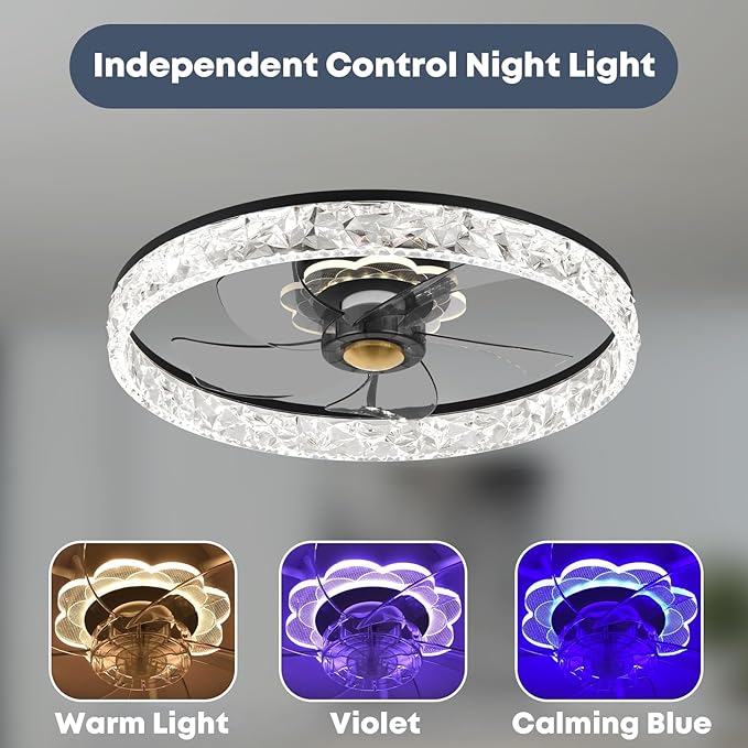 20'' Ceiling Fan with Light, Upgraded Low Profile Fan, Flush Mount Ceiling Fan, 6 Speeds, Dimmable LED, App & Remote Control, Quiet DC Motor, for Bedroom, Living Room, F098 Black