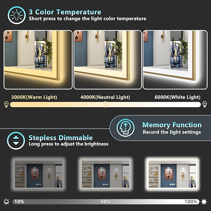 60x38 Gold LED Bathroom Mirror with Lights, Brushed Gold Framed Backlit and Front Lit Anti-Fog Lighted Vanity Mirrors for Bathroom Wall, Dimmable, 3 Colors, Memory, HD Tempered Glass, CRI＞90