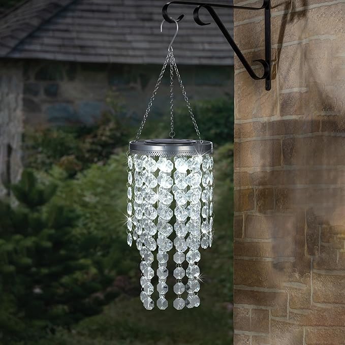 Hanging Solar Crystal Chandelier Outdoor, 21” Modern Solar Transparent Acrylic Beaded Lantern with Cool White LED S Hooks for Garden Yard Patio Gazebo Outside Decor