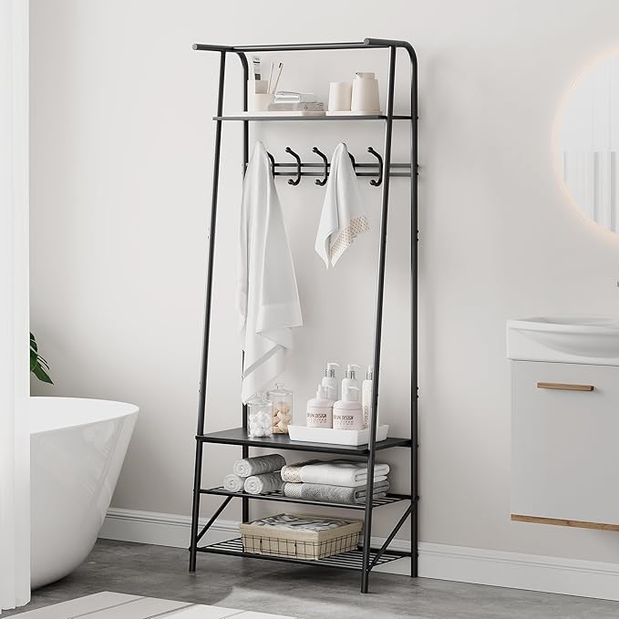 4-In-1 Hall Tree Entryway Organizer with 5 Hooks and Shoe Storage Bench, Sturdy Metal Frame, Metal Look Accent for Coat, Hat, and Bag Organization in Entryway, Living Room, or Bedroom
