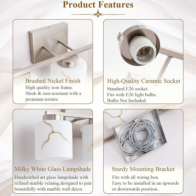 3-Light Brushed Nickel Bathroom Light Fixture, Modern Bathroom Vanity Light Over Mirror with White Marble Glass Shade, Wall Mounted Sconces Lighting for Bedroom Cabinet Kitchen Living Room