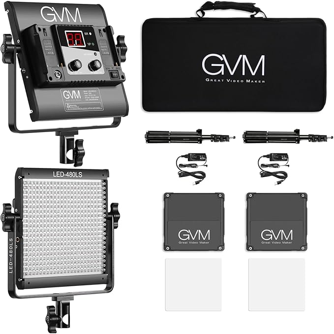 GVM 2 Pack LED Video Lighting Kits with APP Control, Bi-Color Variable 2300K~6800K with Digital Display Brightness of 10~100% for Video Photography, CRI97+ TLCI97 Led Video Light Panel +Barndoor