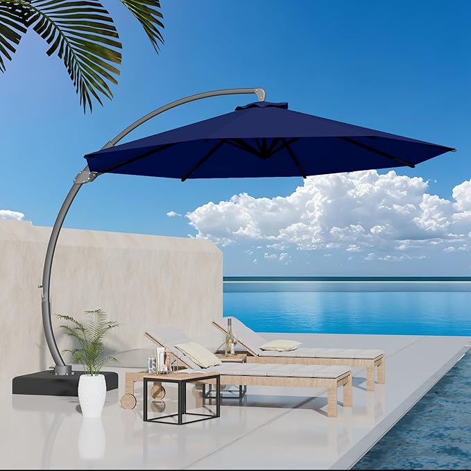 Kingdura 12ft Offset Cantilever Patio Umbrella with Base Included, Large Round Aluminum Outdoor Umbrella, 360° Rotation & Infinite Tilt, Heavy Duty Frame for Deck Pool Backyard, Navy blue