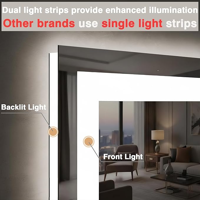 40"x24" LED Bathroom Mirror, Front and Backlit, Anti-Fog Bathroom Vanity Mirror, Stepless Dimmable Lighted, 3 Colors Smart Mirror (Horizontal/Vertical)